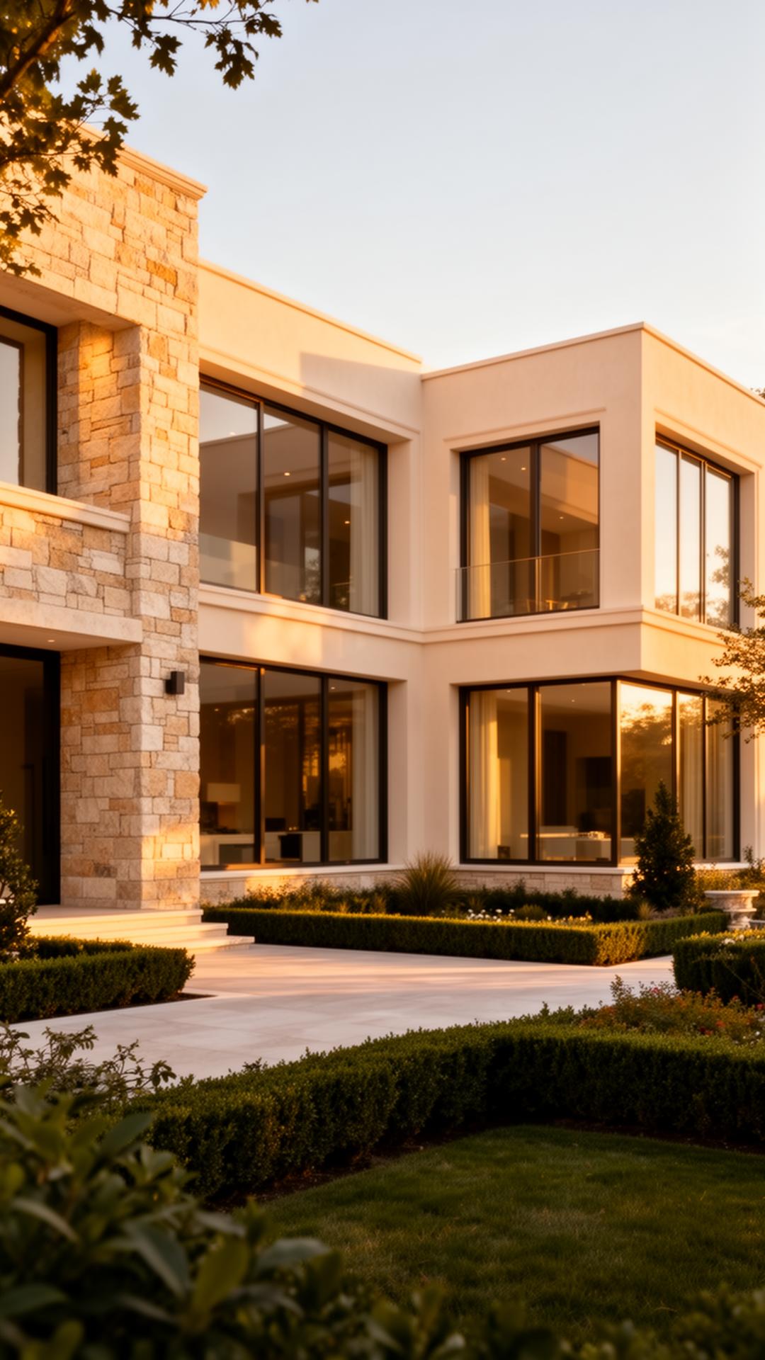Luxury home exterior with pristine clean windows at golden hour