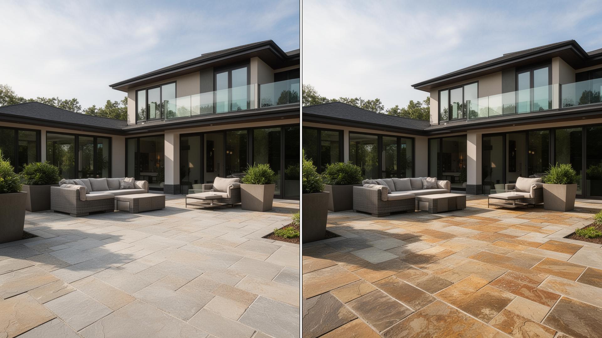 Paver sealing before and after — faded surface restored to rich saturated color