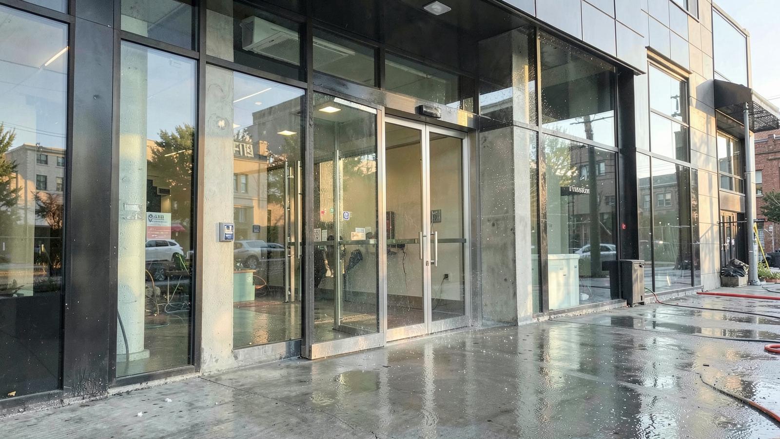 Quarterly pressure washing of a high-traffic commercial entrance by Topline Exteriors