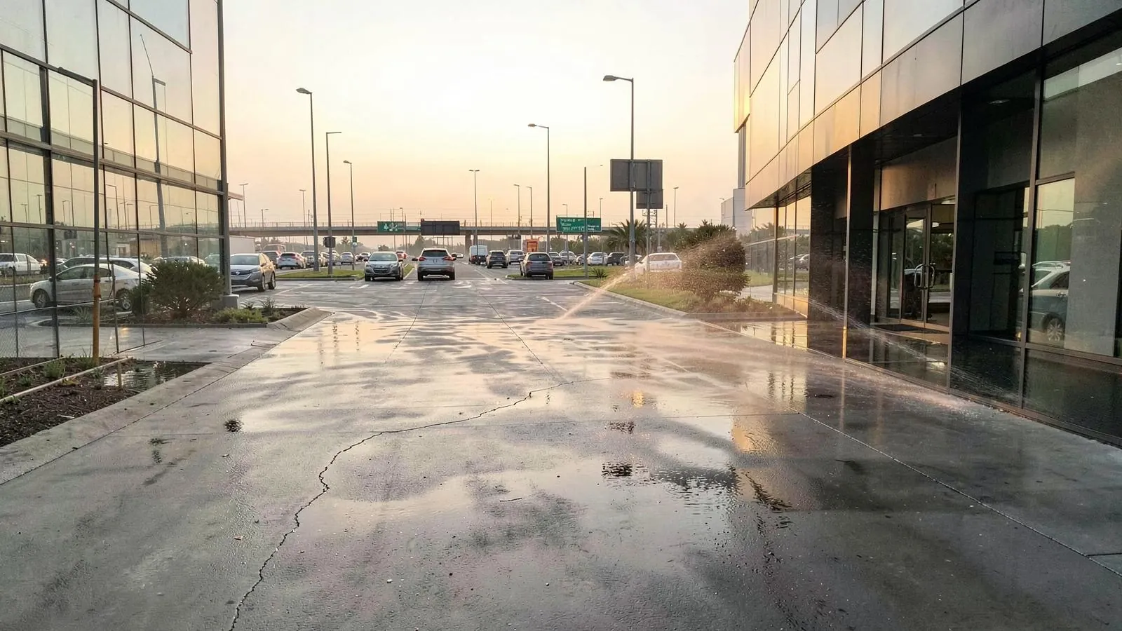 Pressure washing a commercial property near the DFW airport corridor in Coppell, TX