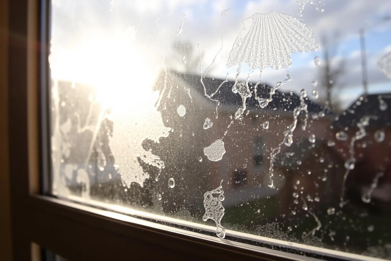 Hard water spots on a DFW home's windows before restoration by Topline Exteriors