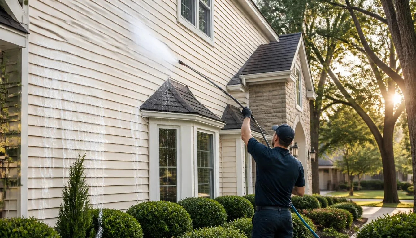 Soft washing the siding of a North Dallas home with low pressure