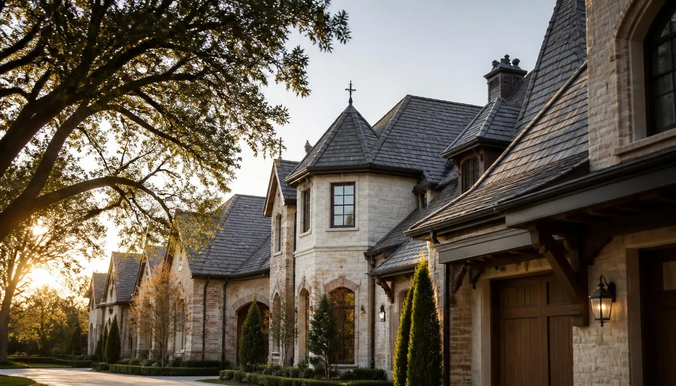 Southlake home roofline and gutters beneath mature oak trees before storm season