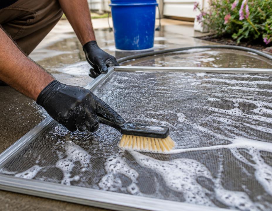 Window screen removed and hand-washed with soap and a soft brush