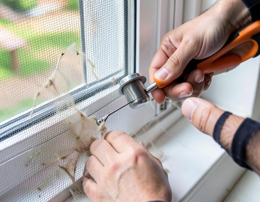 New mesh being rolled into a window screen frame with a spline tool