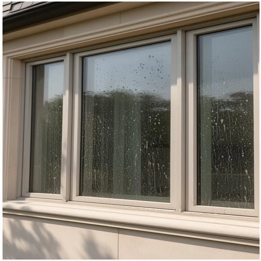Home window with hard water spots and streaks before professional cleaning